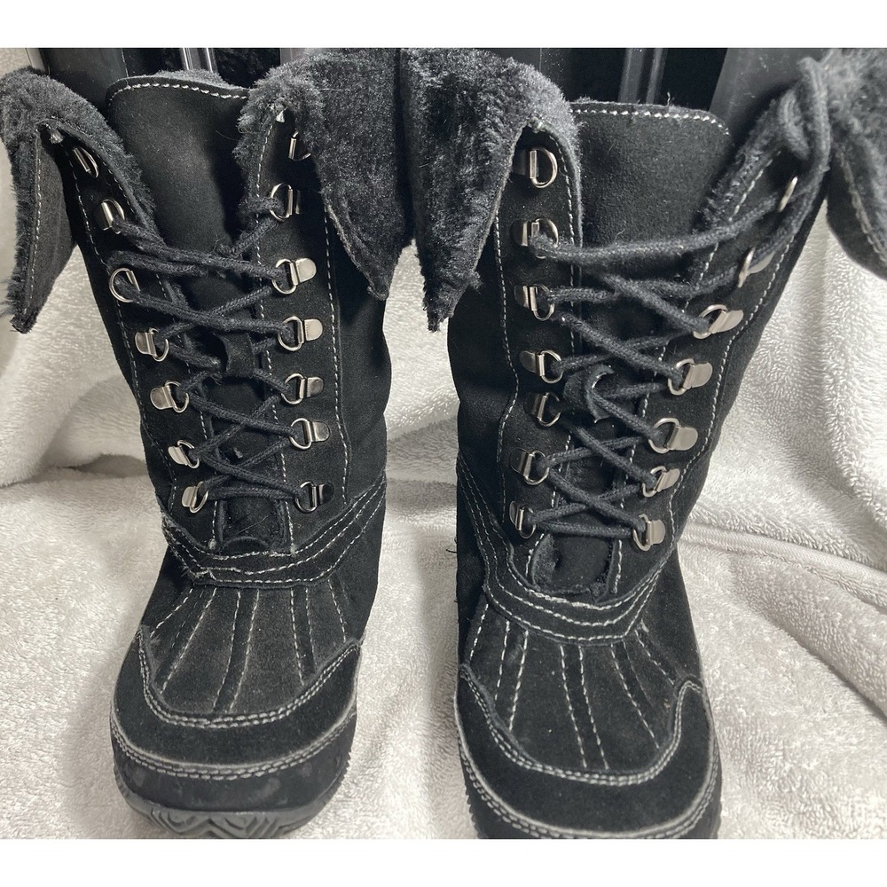 Rocket Dog Womens Winter Boots Size 6.5 Black Faux Fur Lined Lace Up Snow Duck